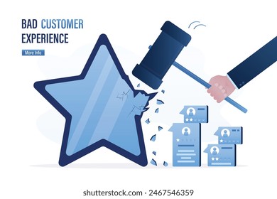 Bad customer experience. User hand use hammer and broke big star. Online survey. Feedback, voting. Quality control. Testimonials, many negative reviews, dissatisfaction concept. vector illustration