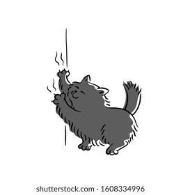 Bad cute black cat scratching wallpaper sketch cartoon character vector illustration isolated on white background. Problematic behavior of domestic animals and pets.