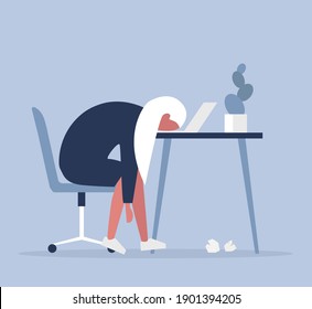 Bad Day Concept. A Frustrated Office Worker Procrastinates At Her Desk. Flat Design, Vector Illustration. Woman Having A Bad Day, Depression And Exhausted Concept. Vector Illustration.