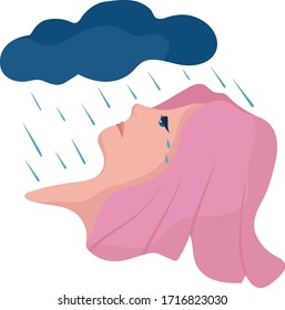 Bad day for girl with pink hair, rain falling on face concept, vector llustration on white background. Unstable mental health, female depression. Problem with psychological condition. Flat style.