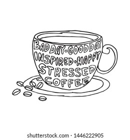 Bad day. Good day. Inspired. Happy. Stressed. Coffee. Modern calligraphy style quote.