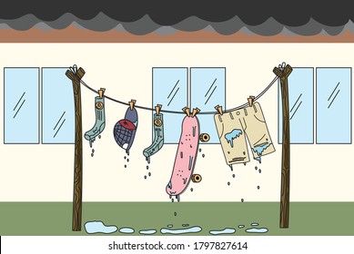 Bad day for skater everything is wet, socks, cap, skateboard and shorts are wet and hung on the laundry line