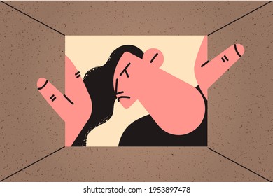 Bad delivery service for customer concept. Angry dissatisfied young woman unpacking box and looking in cardboard box, receiving damaged item, feeling upset with quality vector illustration 