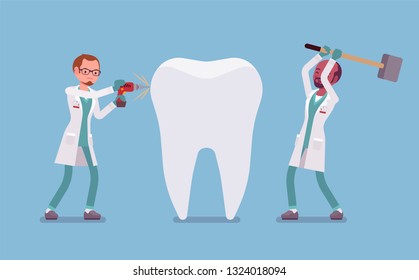 Bad dentists damaging giant healthy tooth. Unqualified practitioners doctors of harmful stomatology making injury and dental problems, poor dangerous clinic treatment, health risk. Vector illustration