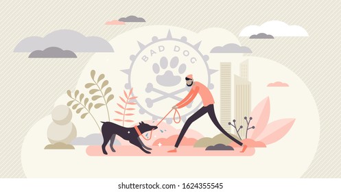 Bad dog behavior fixing and daily training routine, flat tiny person vector illustration. Lack of discipline and owner authority issue. Dealing with angry, furious pet problem and social inclusion.