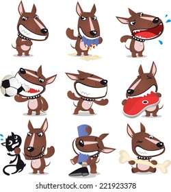 Bad Dog cartoon collection, with angry dog, eating cloth god, yelling dog, braking ball dog, eating meat dog, killing cat dog, biting leg dog and eating bone dog. Vector illustration. 