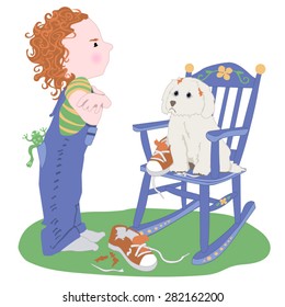 Bad Dog
A cute children's illustration young child and curly red hair shaming little white dog sitting in rocking chair for chewing up pair sneakers  Simple scalable vector drawing 

