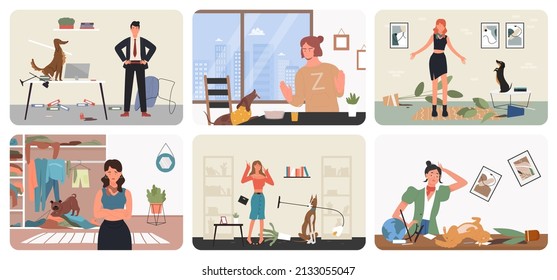 Bad dog, puppy behavior problem set vector illustration. Cartoon naughty doggy pets play in dirty room interior with mess and chaos, disobey angry man woman owner characters, eating clothes background