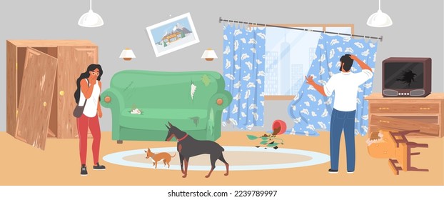 Bad dog and puppy behavior problem vector illustration. Naughty pet in dirty messy room with damaged furniture and frustrated upset man woman owner characters - Shutterstock ID 2239789997