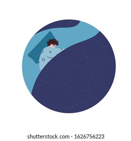 Bad dream concept. Young man dressed in pijamas laying and curling upin the bed and can't sleep. Problem with night sleep. Trouble sleeping scene. Vector illustration.