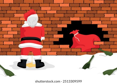 Bad drunk Santa Claus peeing on the wall