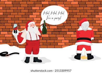 Bad drunk Santa Claus peeing other Santa drinking