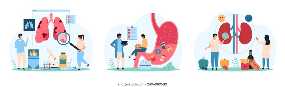 Bad effects of unhealthy lifestyle on internal organ health set. Tiny people check smoking damage on lungs, warning of danger of renal stones and gastritis from fast food cartoon vector illustration