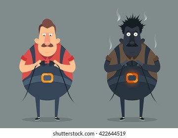 Bad Electrician. Cartoon Character Before And After Connecting The Wire. Vector Illustration