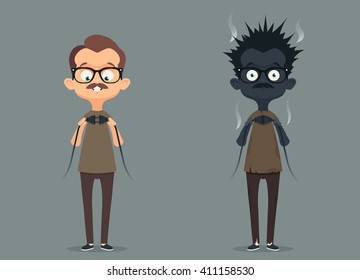 Bad Electrician. Funny Cartoon Character Before and After connecting the Wire. Vector Illustration