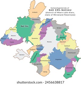 Bad Ems-Nassau verbandsgemeinde map of Rhein-Lahn-Kreis district Rhineland-Palatinate (Rheinland-Pfalz) state in Germany. Vectored. Retro colors