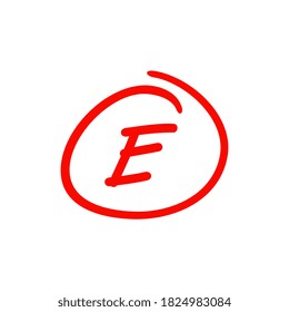 Bad exam score, letter E illustration,  written with red marker, isolated on white background