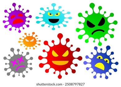Malas caras de virus, bacterias, gérmenes, en estilo divertido y colorido. Concepto de amenaza de enfermedad.