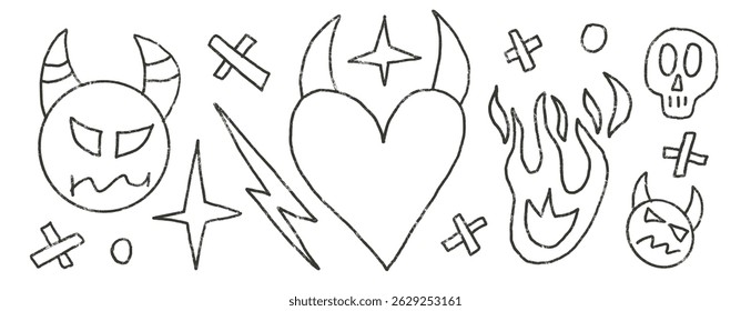 Bad feeling hand drawn set. Punk charcoal breaking heart doodle background. Scribble grunge shapes. Devil, fire and line sketch graffiti art. Vector sketchy illustration by pencil isolated on white bg