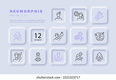 Bad feeling set icon. Headache, migraine, photosensitivity, bad mood, anesthesia, drowsiness, dehydration, weather dependence, chills, cough, rest. Healthcare concept. Neomorphism style