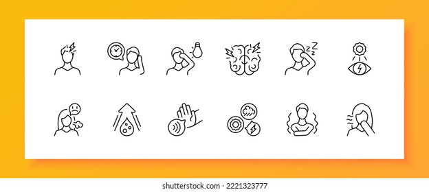 Bad feeling set icon. Headache, migraine, photosensitivity, bad mood, brain, drowsiness, dehydration, weather dependence, chills, cough, rest. Healthcare concept. Vector line icon