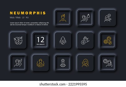 Bad feeling set icon. Headache, migraine, photosensitivity, bad mood, brain, drowsiness, dehydration, weather dependence, chills, cough, rest. Healthcare concept. Neomorphism style