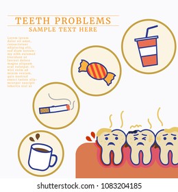 bad food and drink for teeth, Avoid teeth problem concept in outline cartoon style