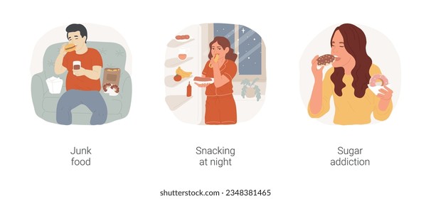 Bad food habits isolated cartoon vector illustration set. Teenage obesity problem, eating unhealthy, overweight teenage boy eating junk food, snacking at night, sugar addiction vector cartoon.