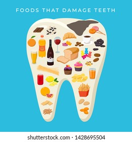 Bad Food that damages Teeth concept vector illustration in flat design. Collection of Foods placed on yellow tooth silhouette.