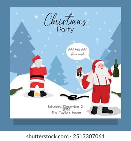 Bad funny drunk Santa Claus drinking, other Santa peeing. Card invitation to the party