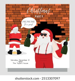 Bad funny drunk Santa Claus drinking, other Santa peeing. Card invitation to the party