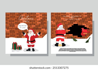 Bad funny drunk Santa Claus peeing. Card invitation to the party