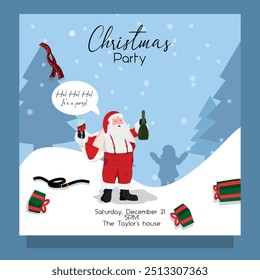 Bad funny drunk Santa Claus drinking with gifts around. Card invitation to the party