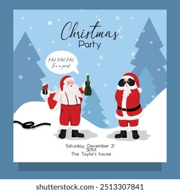 Bad funny drunk Santa Claus drinking other Santa in shoked. Card invitation 