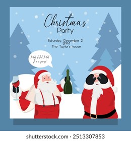 Bad funny drunk Santa Claus drinking other Santa in shoked. Card invitation 