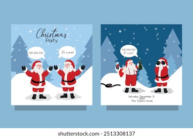 Bad funny drunk Santa Claus drinking other Santa in shoked. Card invitation 