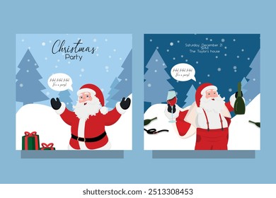 Bad funny drunk Santa Claus drinking. Card invitation 