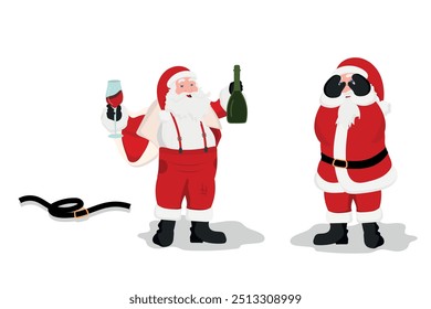 Bad funny drunk Santa Claus drinking other Santa in shocked