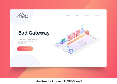 Bad gateway isometric. landing page vector template