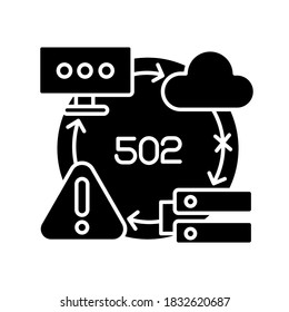 Bad gateway notification black glyph icon. Website access failure. HTTP status code, 502 error message silhouette symbol on white space. Invalid proxy server response. Vector isolated illustration