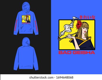 bad geisha girl smoking illustration hoodie design streetwear : beauty girl