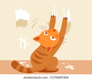 Bad ginger cat scratching Wallpaper. Problematic behavior of domestic animal cartoon vector illustration