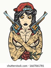 Bad Girl. Chicano Art. Hip-hop And Rap Lifestyle. Cool Gangster Tattooed Woman In Baseball Cap. Criminal Street Culture. Favela Style. Swag 