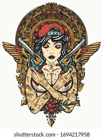 Bad Girl, Crossed Guns, Golden Wings And Mayan Sun. Cool Gangster Tattooed Woman In Baseball Cap. Criminal Street Culture Art. Favela Style. Swag. Hip-hop And Rap Lifestyle 