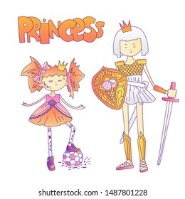 Bad girl cute cartoon illustration. Bad girl and princess warrior, feminist cartoon concept illustration. Bad tomboy girl with soccer ball, princess warrior in armour, sword and shield. Brave princess