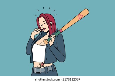 Bad girl in open clothes with tattoos on body licking lollipop. Stylish teen female from youth subculture. Vector illustration. 