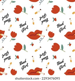 bad girl pattern, retro vibe, smoking lips, cigarettes, coffee, flower, red rose, love, red lips, summertime wrapping paper, doodle designs, girl power eps