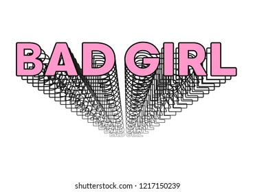 "Bad girl" retro, vintage slogan. Perfect for pin, card, t-shirt design, poster, sticker, print. Vector pink illustration.