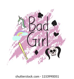 Bad girl t shirt concept art, skull, girl, poker, unicorn and rainbow