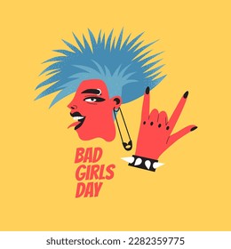 Bad girls day. Portrait of a young woman with punk rock hairstyle and jewelry. Flat style illustration